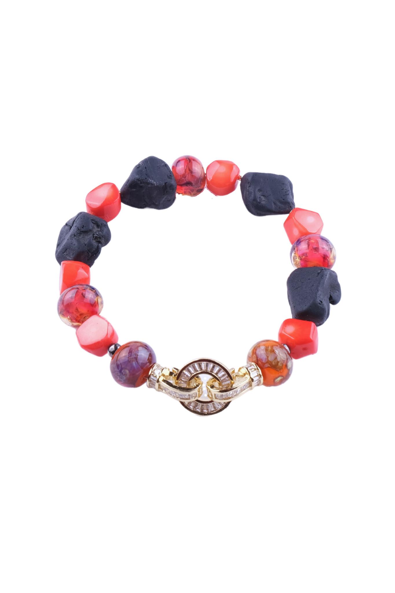 Billede af Unika armbånd i sort og rød farve - Lavasten, koral, Håndlavede glas perler