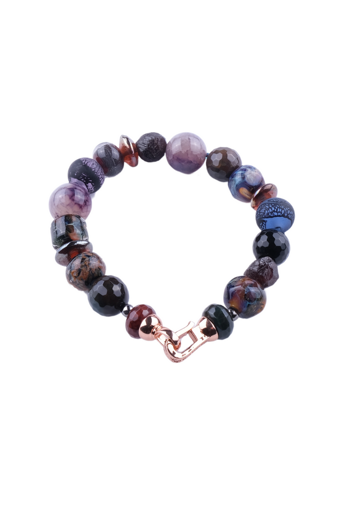 Unika armbånd - agat, tigerøje, granat, håndlavede og vintage glas perler i mørke brun og blå farver