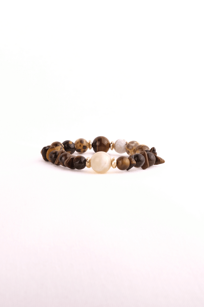 Håndlavet armbånd med kalcedon, tigerøje, leopard jaspis, 18K forgyldt messing og hæmatit – dansk design fra PAROL.