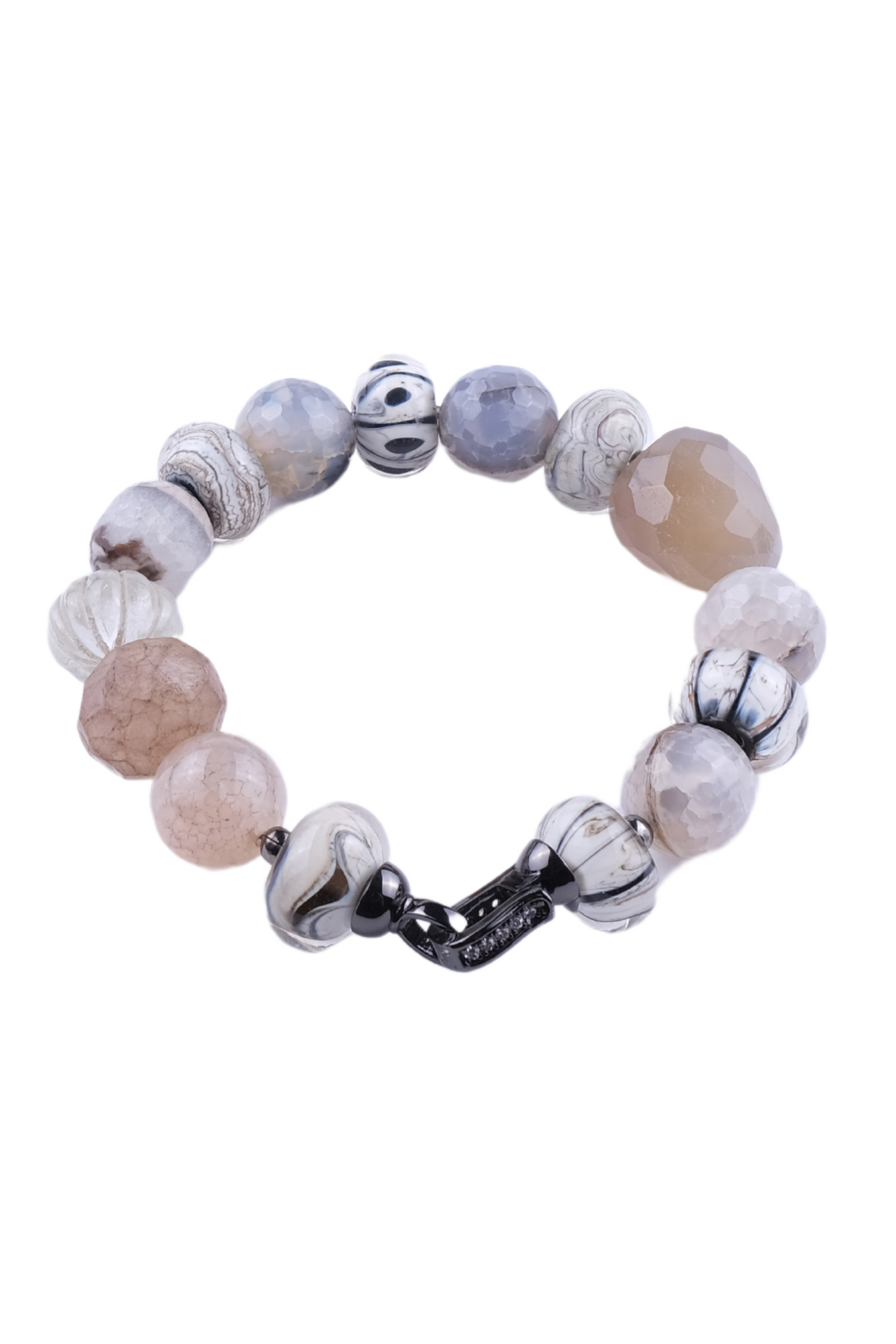 Billede af Unika armbånd - agat, månesten, flourite, håndlavede glas perler i natur grå og mat brune farver