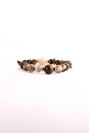 Håndlavet armbånd med kalcedon, tigerøje, leopard jaspis, 18K forgyldt messing og hæmatit – dansk design fra PAROL.
