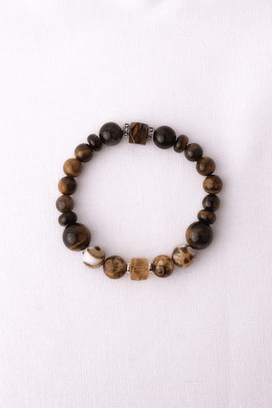 Armbånd af leopard jaspis, tigerøje, citrin, obsidian og 925 sterling sølv – håndlavet dansk design