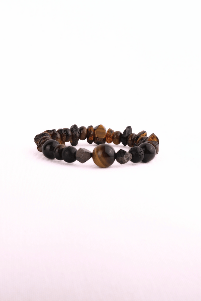 Håndlavet armbånd med tigerøje, lava, obsidian, pyrit og rav i brune og gyldne nuancer, strækbar nylon, ca. 15 cm